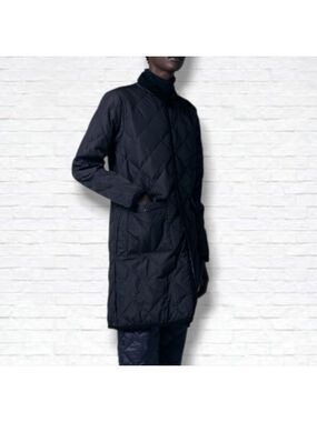 TAION City Chore Coat Black Quilted Piping Collar Long Down Coat Size S BNWT